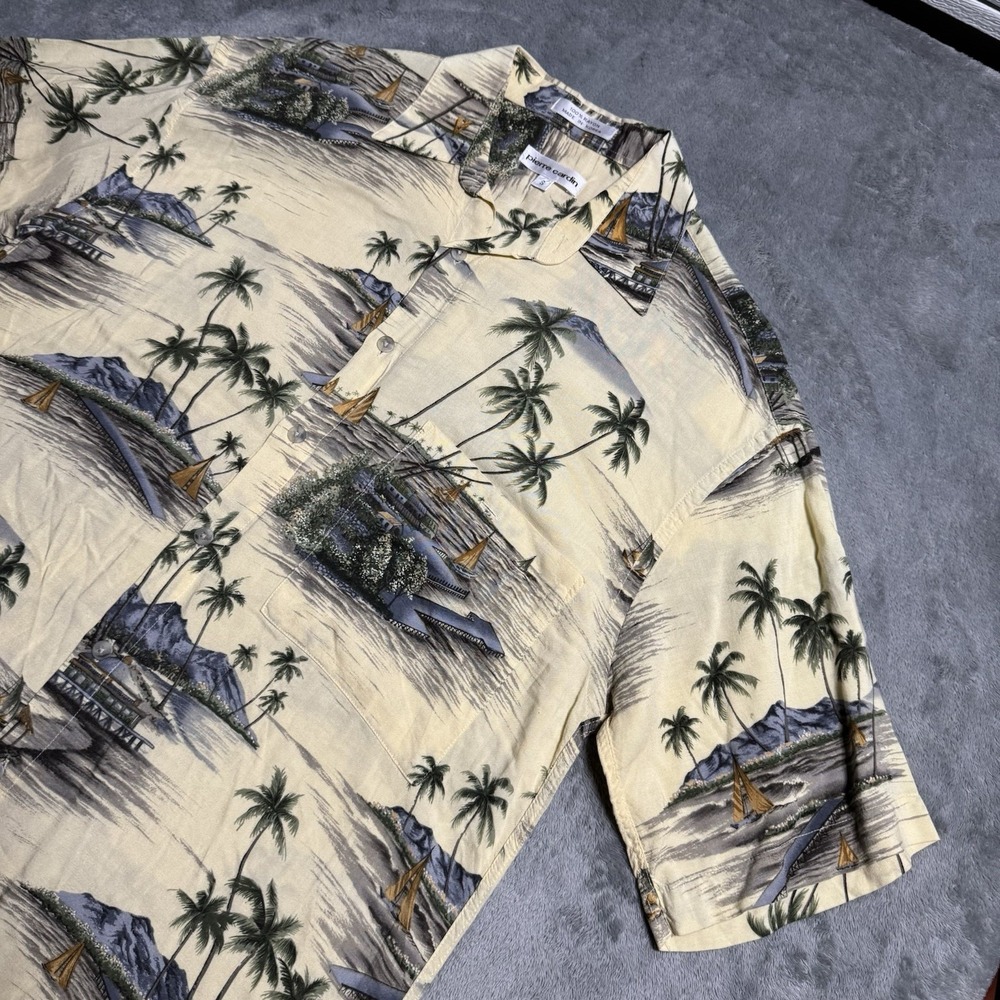 Vintage PIERRE CARDIN Beige RAYON Hawaiian Shirt Mens Sailing Palm Tree‎ Size S